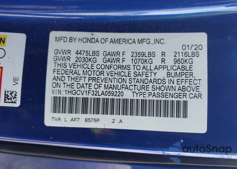 2020 Honda Accord Sport from USA, damaged, VIN 1HGCV1F32LA059220